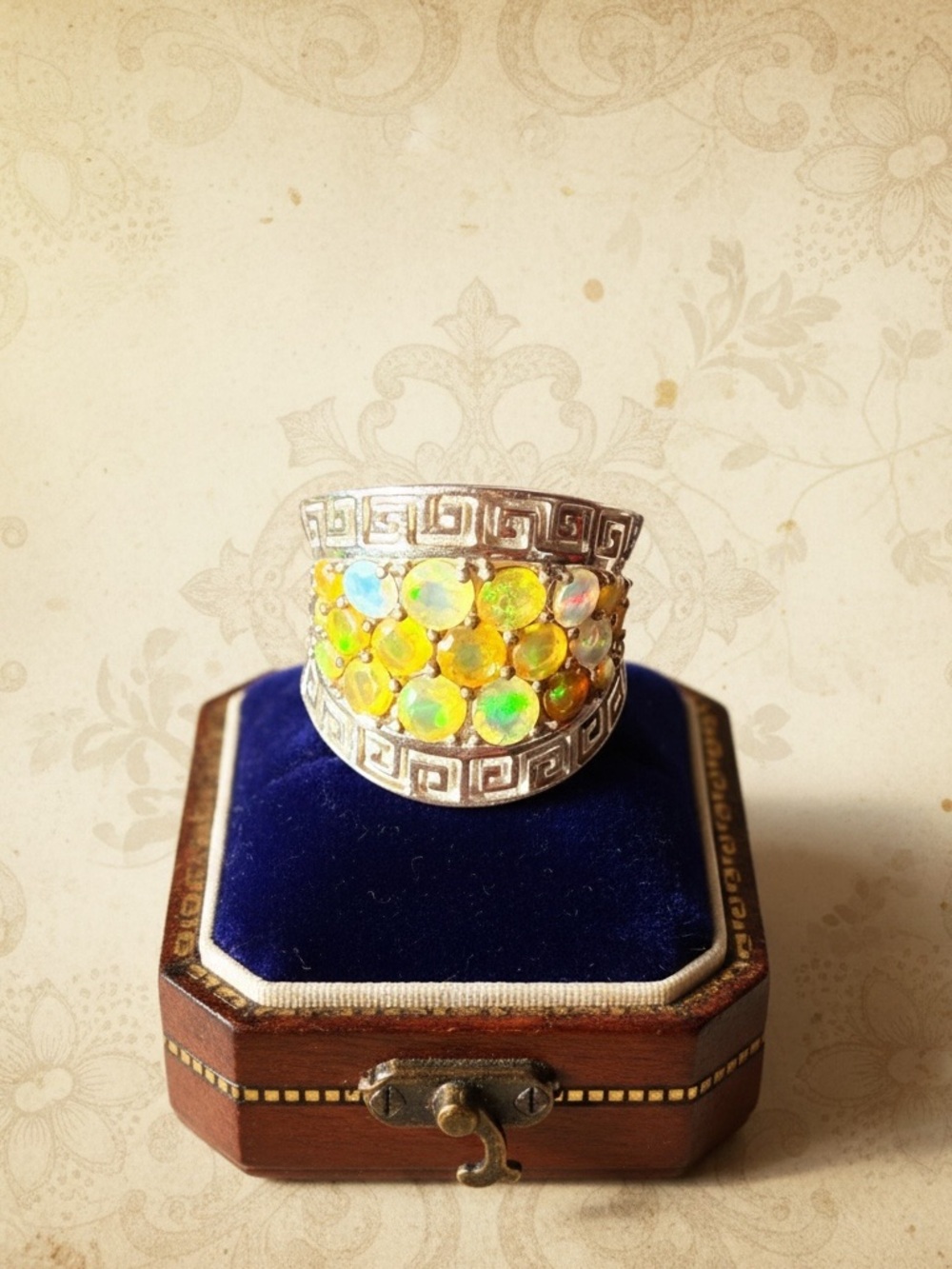 Opal Cluster Silver Statement Ring - Yellow Opalescent